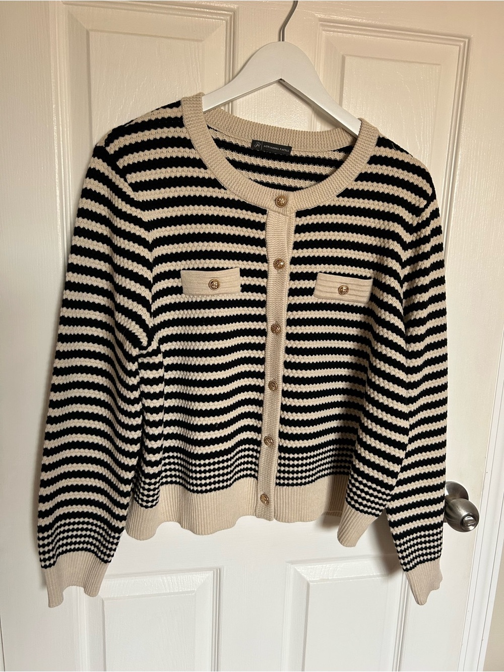 Preppy Adrianna Papell Black & Cream Striped Cardigan with Gold Buttons